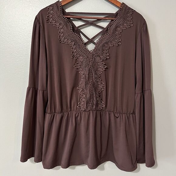 Maurices Top Size XL Womens Boho Lace Strappy Burgundy Stretchy Peplum Witchy - Picture 1 of 16